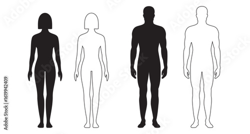 human body man and woman silhouette, male and female figure. vector monochrome isolated person outline standing full height. Outline and black people anatomy representation