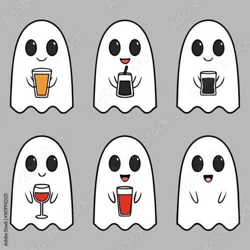 Six Adorable Cartoon Ghosts Holding Various Drinks for Halloween