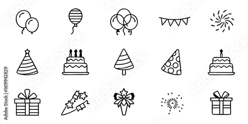 Party icons including balloons, cake, gifts, and decorations  