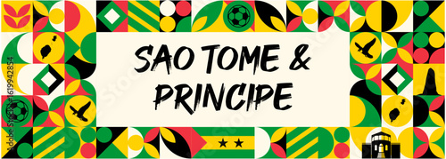 Colorful Geometric Sao Tome & Principe Banner with Cultural Symbols and Flag Elements