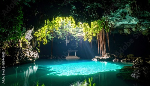 Swimming in Cave with Clear Water and Vegetation