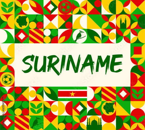 Colorful Geometric Suriname Banner with Cultural Symbols and Flag Elements