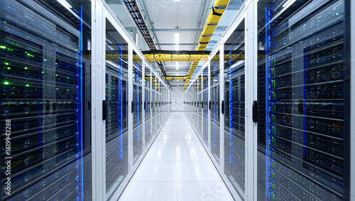 Modern data center server room with rows of computer racks and blue lights