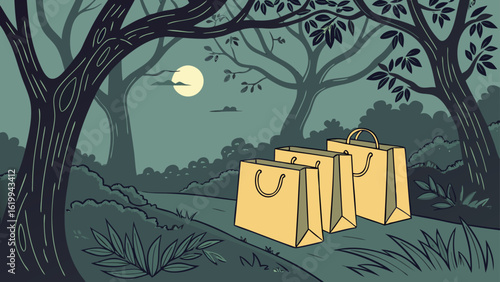 Three yellow shopping bags sit on a path in a dark moonlit forest with stylized trees and foliage
