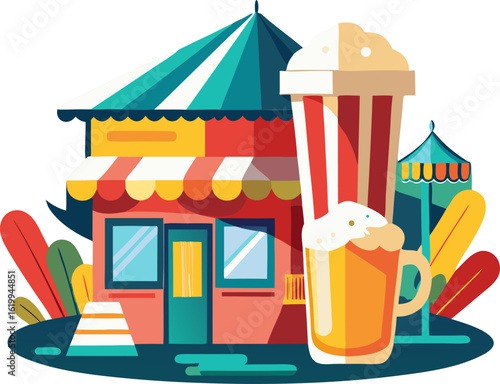 Print in watercolor style with colorful  restaurant and glass of beer for t-shirt prints and other uses. For fashion, silkscreen printing and home decor. Beer Day. 