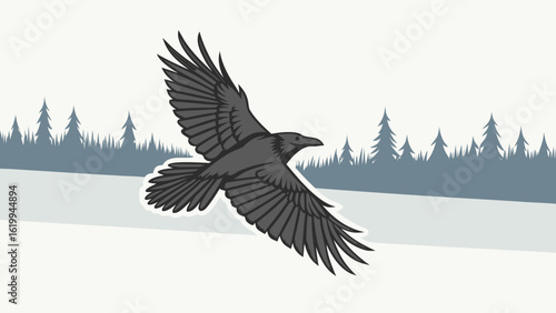 A majestic raven soars through a serene winter landscape with snow covered ground and a silhouette of evergreen trees in the background