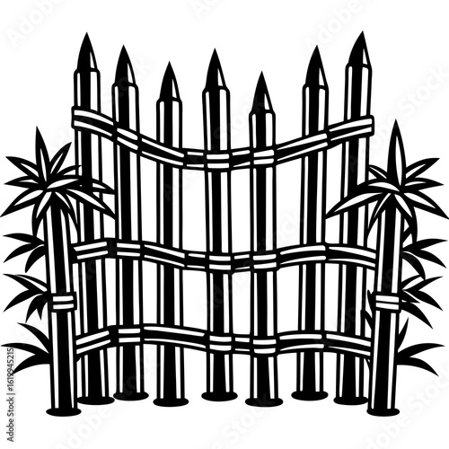Bamboo Fence with Tropical Leaves Illustration.