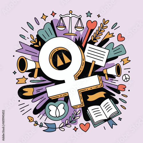 women’s equality day, vector illustration, hand-drawn, empowerment, equality, social justice, scales of justice, protest signs, raised fist icon, books, megaphone,