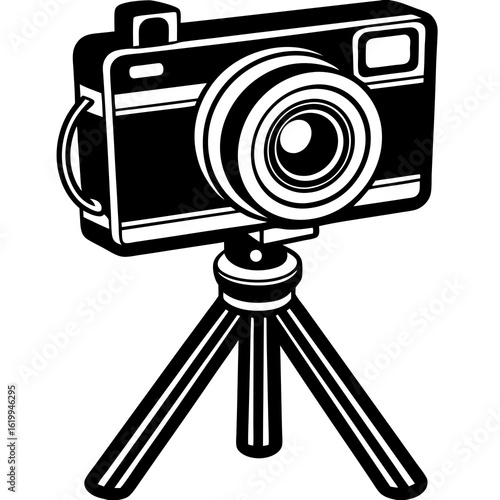 Black and white illustration of a camera on a tripod.