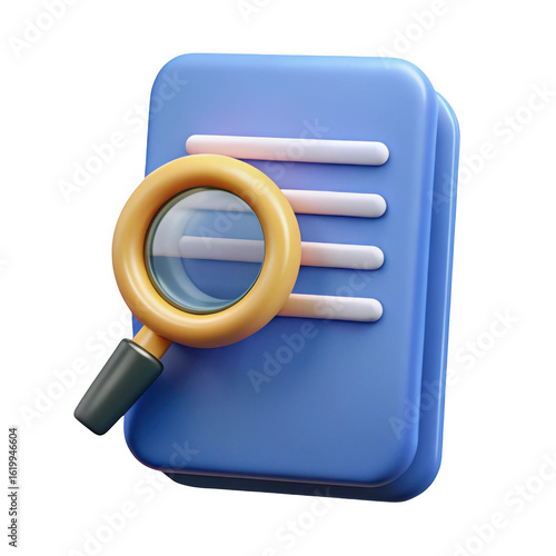 3d document search icon with magnifying glass isolated on transparent background
