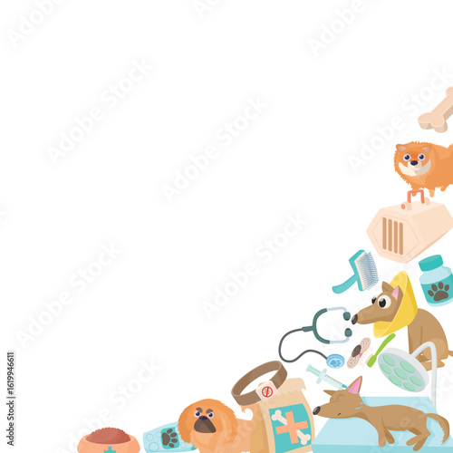 Cartoon style veterinary background showcasing dogs, pet carriers, medical tools, and supplies, emphasizing pet care and health
