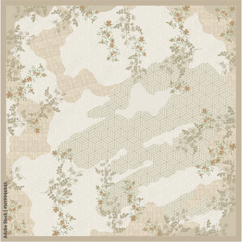 Obraz premium Modern abstract botanical pattern with soft geometric hexagon elements and scattered green foliage on beige background for textile and scarf design