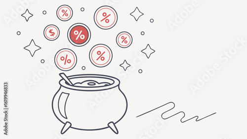 A magical cauldron bubbles with percentages and a dollar sign symbolizing financial growth and lucrative opportunities