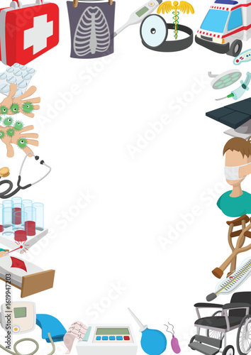 Cartoon medical background with healthcare and medicine icons forming a frame