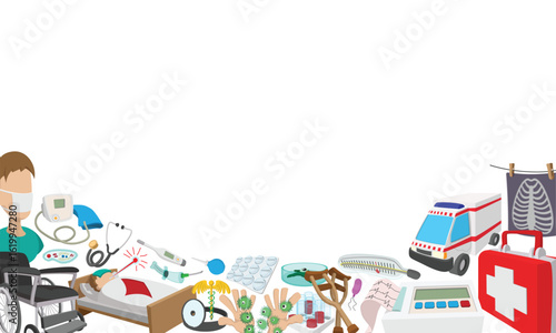 Cartoon style healthcare icons depict diverse medical services, treatments, and equipment, symbolizing comprehensive patient care