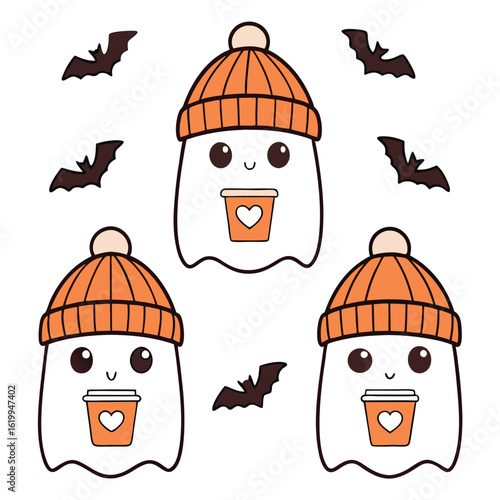 Three Cute Cartoon Ghosts Wearing Knitted Hats Holding Coffee Cups with Bats