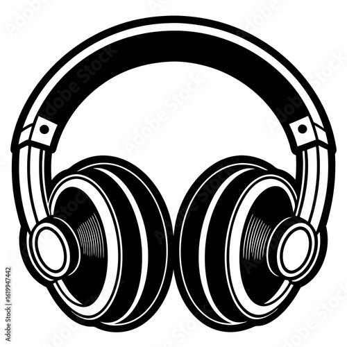 Black and White Stylized Headphones Icon.