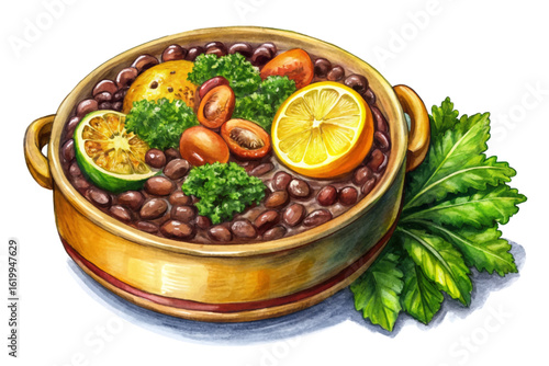 Vector banner of traditional Brazilian feijoada with black beans, pork, rice, orange slices, and kale. Perfect for South American cuisine illustrations and food-themed content