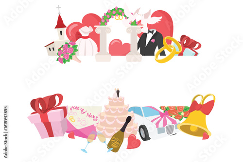 Cartoon style wedding icons showing various elements celebrating the union of marriage between two people