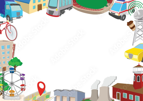 Cartoon style infrastructure icons create a frame, representing various aspects of city life, transportation, and essential services