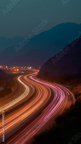 A winding road in the mountains at night with light trails.
