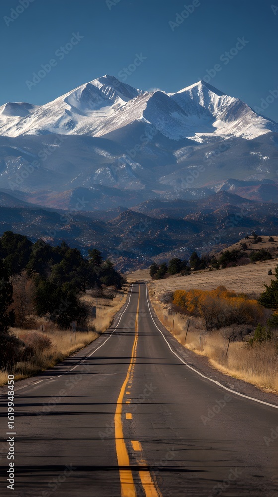 Fototapeta premium Snow-capped mountains under clear blue sky.