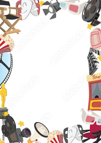 Colorful cinema border with various movie related items evokes the excitement of a movie night experience