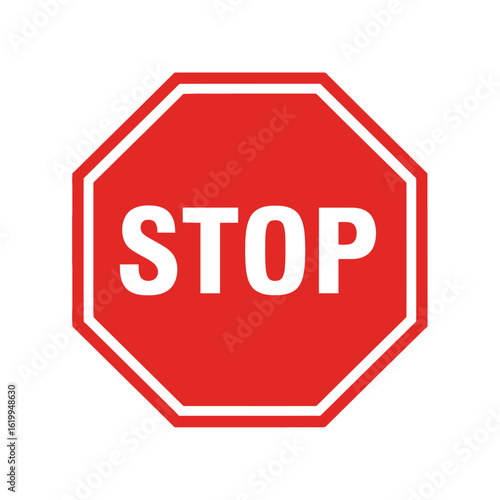 A classic red octagonal stop sign icon isolated on a white background. A symbol of prohibition, traffic law, and road safety.