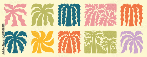abstract boho palm tree tropical art set. retro groovy wavy summer palms. vector square tropical icons in hand drawn style for logo, print, poster, social media
