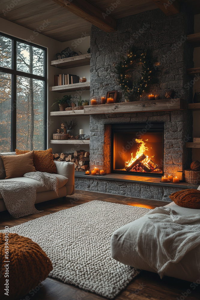 Fototapeta premium A crackling fireplace illuminates a cozy living room with a large window.