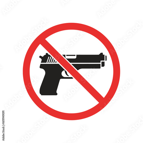 No guns allowed sign. A black pistol silhouette in a red prohibition circle, symbolizing a weapons-free zone and firearm ban.
