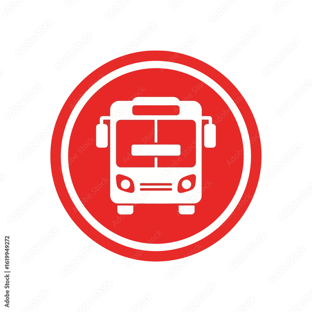 Red circular sign with a white bus icon. Public transportation symbol for city travel and commuting. Vector graphic. Red circular sign with a white bus icon. Public transportation symbol for city travel and commuting. Vector graphic.