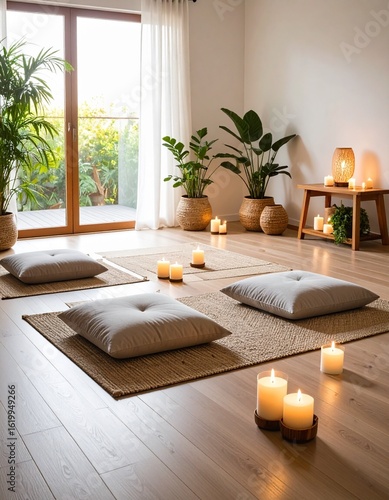 Rincón de meditación con cojines en el suelo, velas encendidas, difusor de aromas, planta de interior, luz suave, sin personas, ambiente relajante, decoración minimalista japonesa