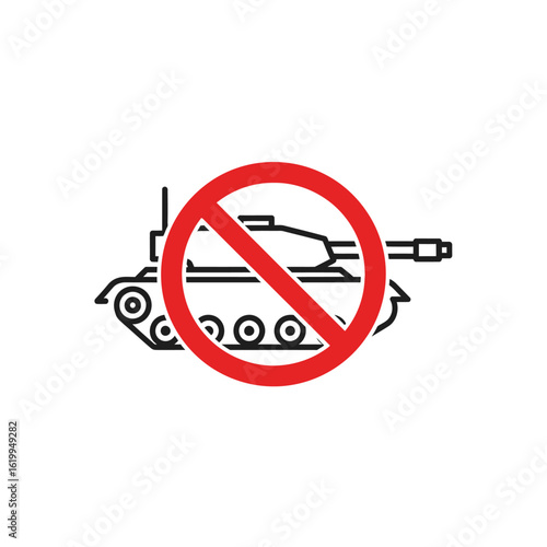 Stop war concept icon. Red prohibition sign over a military tank illustration, a symbol for peace, anti-war movements and disarmament.