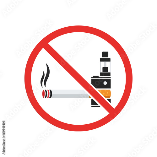 A red prohibition sign banning both smoking and vaping, showing a cigarette and an electronic cigarette.
