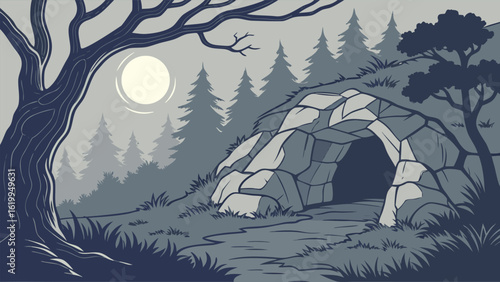 Mysterious cave entrance nestled in a moonlit forest with a large ancient tree and dense pine trees creating a serene yet enigmatic natural landscape