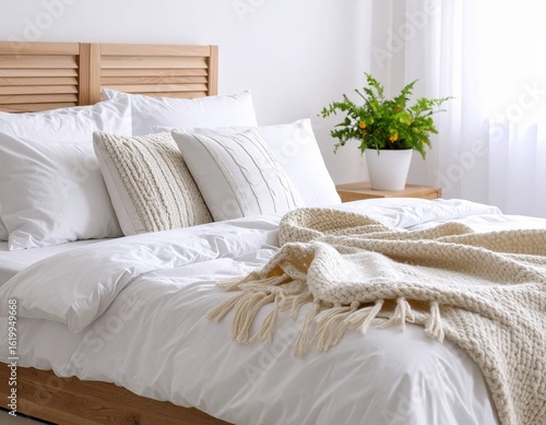 Dormitorio con ropa de cama blanca, manta tejida, almohadas suaves, luz natural suave entrando por la ventana, planta en la mesita de noche, sin personas, estilo escandinavo acogedor