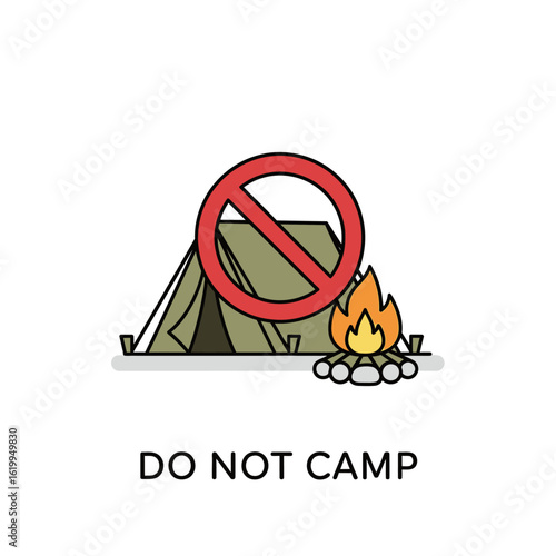 Do not camp and no campfire warning sign icon. Vector illustration of a prohibition symbol for restricted outdoor activities and safety regulations.