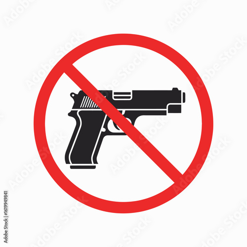 A no guns prohibition sign with a red circle and slash over a black handgun icon. Vector symbol for firearm restriction and gun-free zones.
