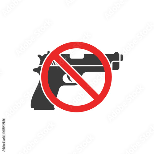 No guns or firearms allowed sign icon. A black handgun silhouette crossed out with a red prohibition symbol for a weapon-free zone.