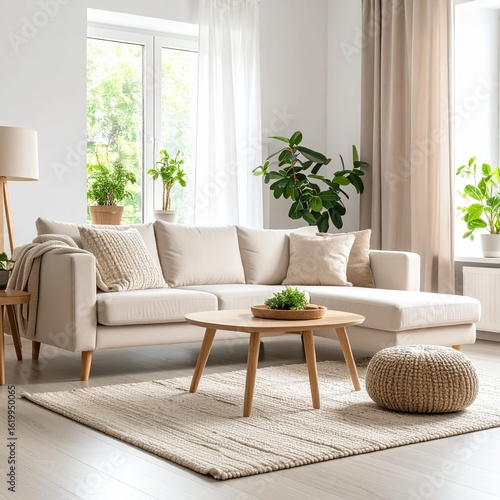 Sala de estar escandinava minimalista, sofá beige, alfombra de lana, mesa de café de madera clara, plantas verdes, luz natural entrando por la ventana, sin personas