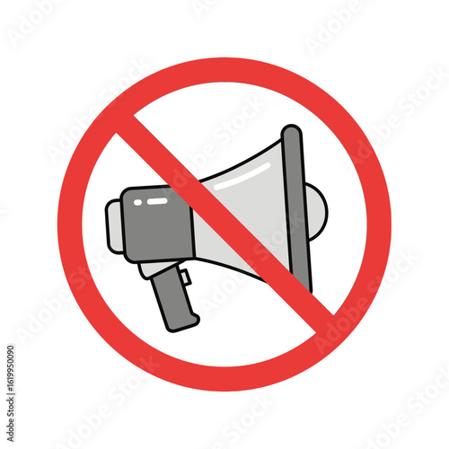 A gray megaphone inside a red prohibition circle, a symbol for no noise, silence, or a quiet zone.