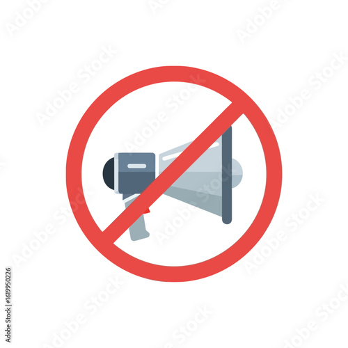 A flat vector icon of a bullhorn crossed out by a red prohibition symbol, indicating a quiet zone, silence, or no loud noises allowed.