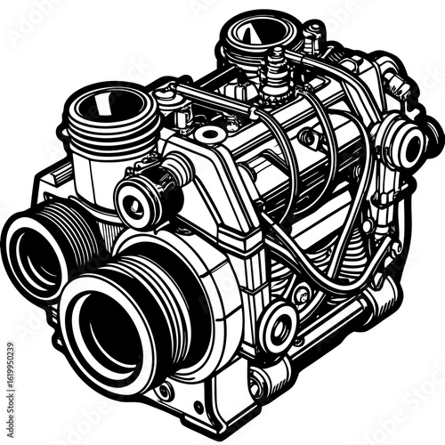 Detailed Black and White Illustration of a Powerful Engine.