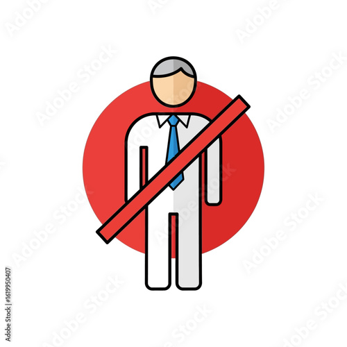 A flat icon of a businessman crossed out by a red prohibition symbol, representing being fired, laid off, or unauthorized personnel.