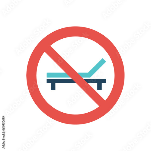 Vector icon of a red prohibition sign over a sun lounger, indicating no sunbathing or deck chairs allowed. Warning symbol for restricted areas.