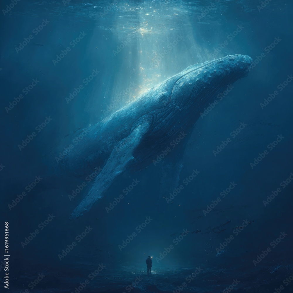 Naklejka premium Human and Giant Whale Under the Sea