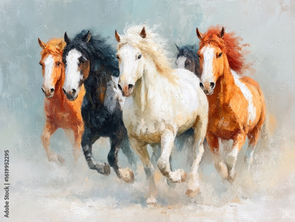 Obraz premium Artistic painting of colorful galloping horses