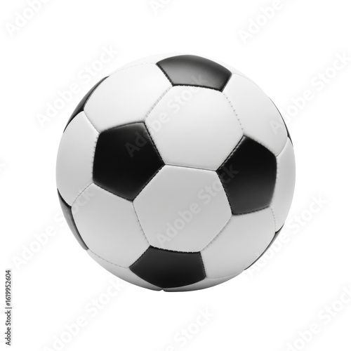 Classic soccer ball, new, black pentagons, white hexagons, smooth texture, precise stitching, isolated on a pure, seamless, stark white background with no shadows. Concept of sports equipment product