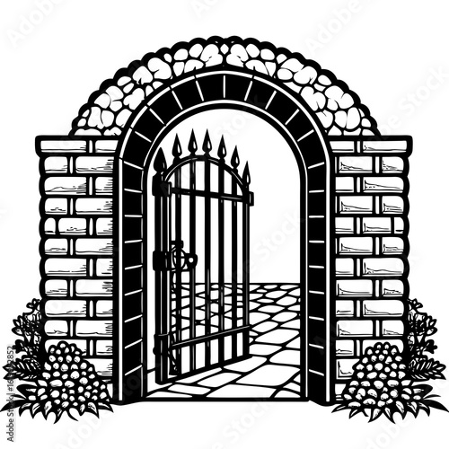 Ornate Stone Archway with Open Wrought Iron Gate.